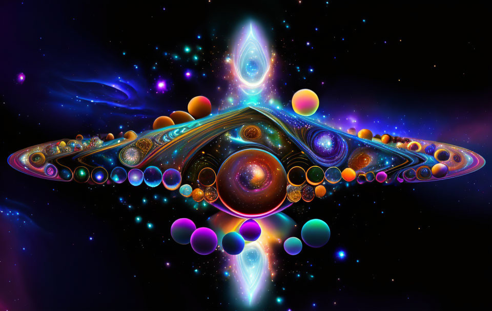 Symmetrical fractal digital art with glowing orbs on cosmic nebula