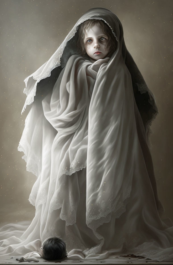 Child in white cloak with black orb on starry backdrop