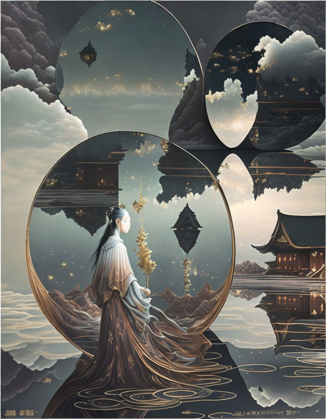 Traditional attire woman merges temple landscape with cosmic yin-yang symbol under cloud-filled sky.