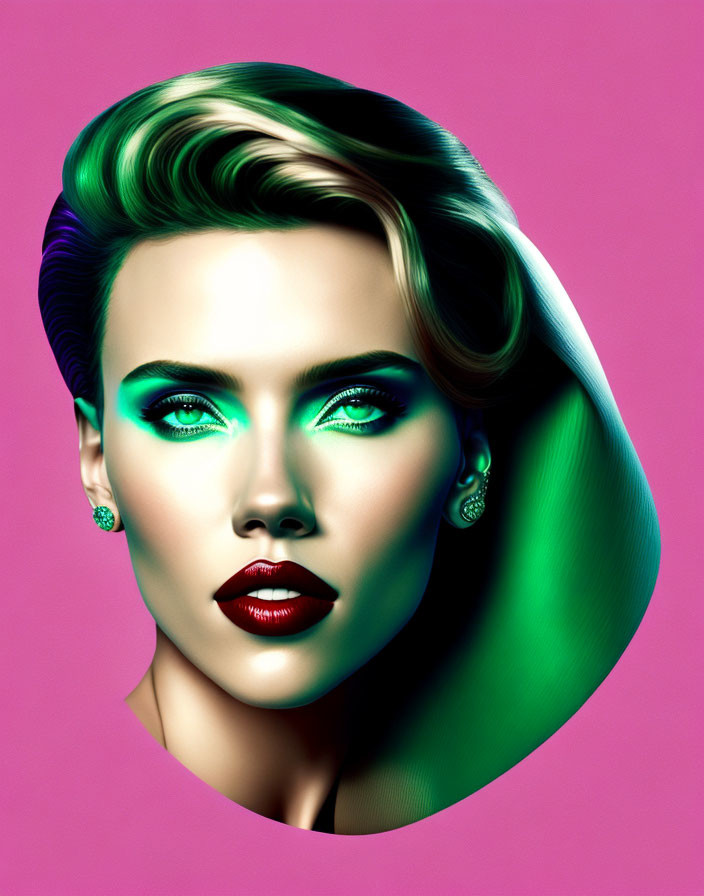 Digital artwork: Woman with green hair, glowing eyes, red lipstick, magenta background