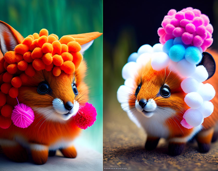 Colorful Stylized Fox Illustrations with Pompoms in Orange, Pink, and Blue