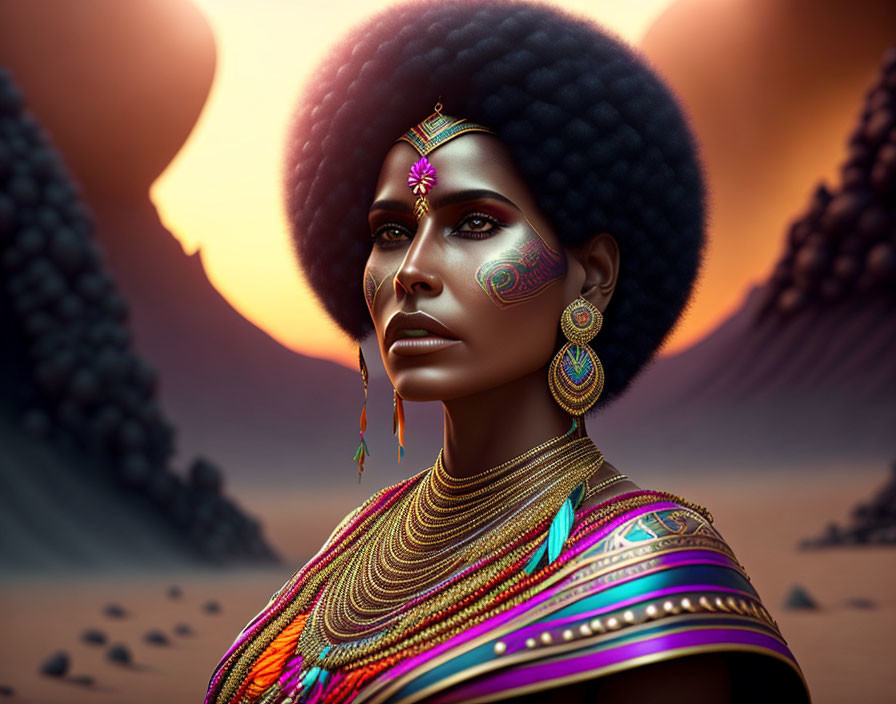 Digital portrait of woman with face paint and jewelry in desert sunset.