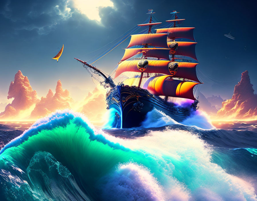 Colorful Sails on Grand Sailing Ship Amid Ocean Waves and Rock Formations