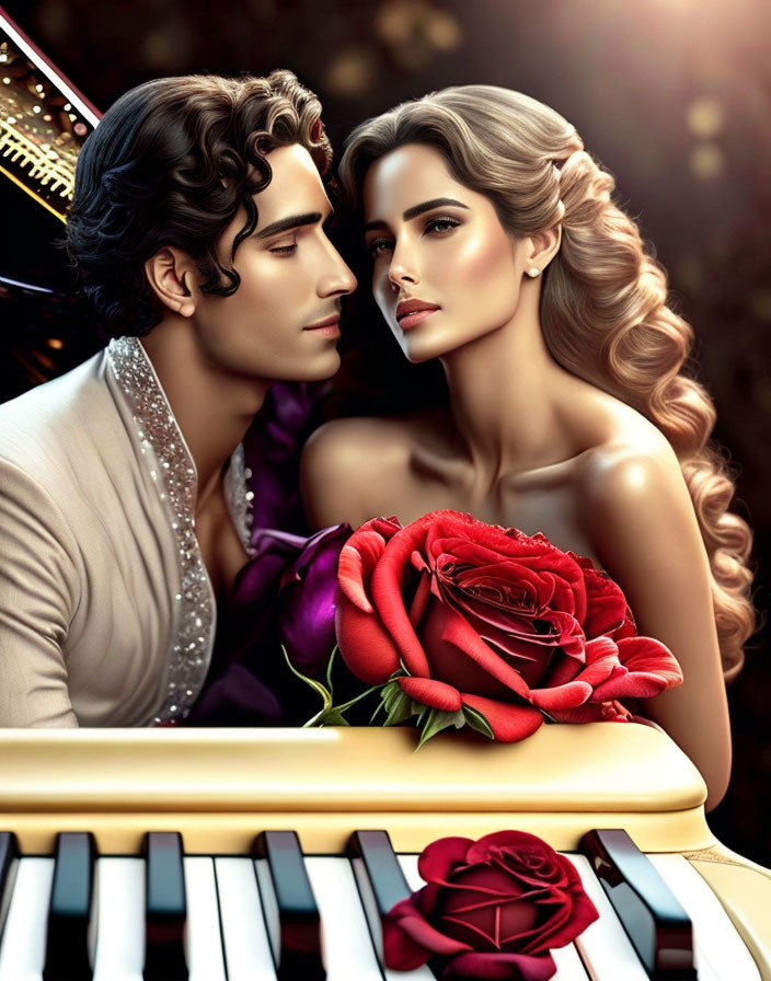 Illustrated Couple in Formal Attire with Red Roses and Piano Keyboard