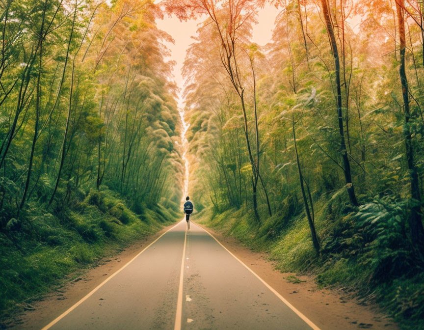 Person walking on tranquil forest road with tall bamboo trees