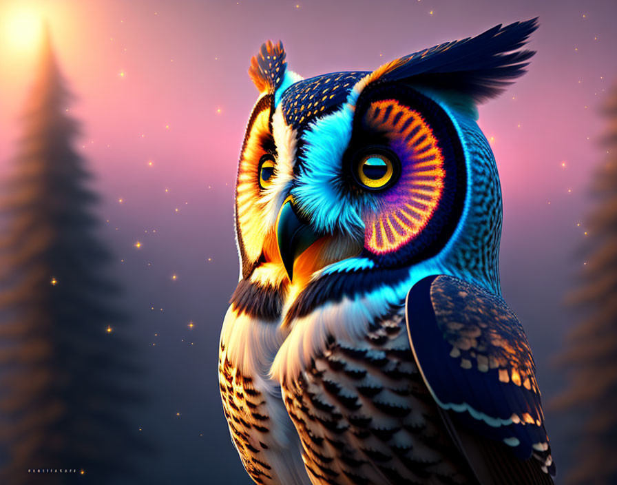 Colorful Owl Illustration with Intricate Patterns in Dusk Sky