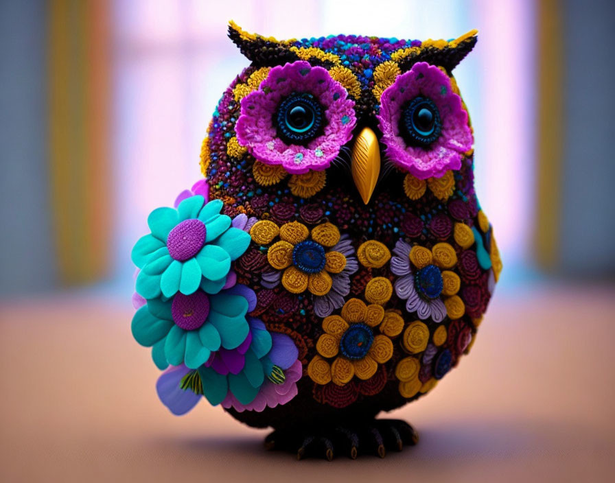 Colorful Owl Sculpture with Flower Patterns in Purple, Pink, Orange, and Blue