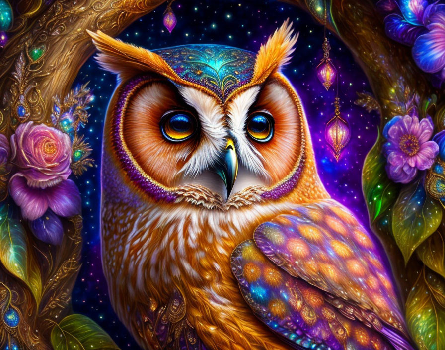 Colorful Owl Illustration with Intricate Patterns and Jewels surrounded by Flowers and Ornaments