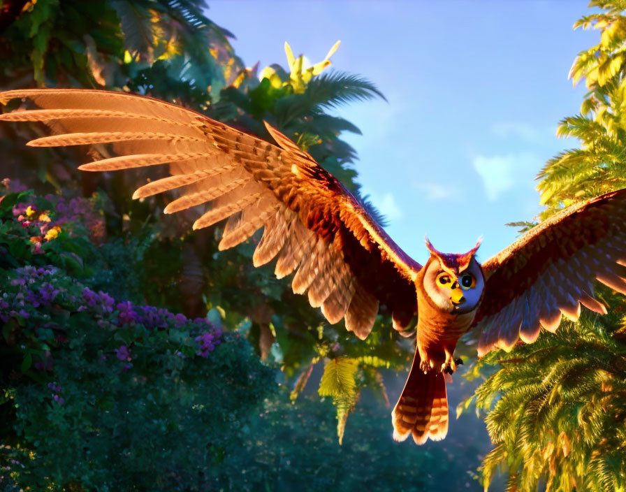 Animated owl in flight against colorful foliage in lush forest