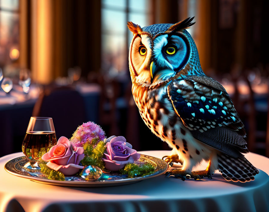 Decorated dining table with owl and flowers in warm-lit room