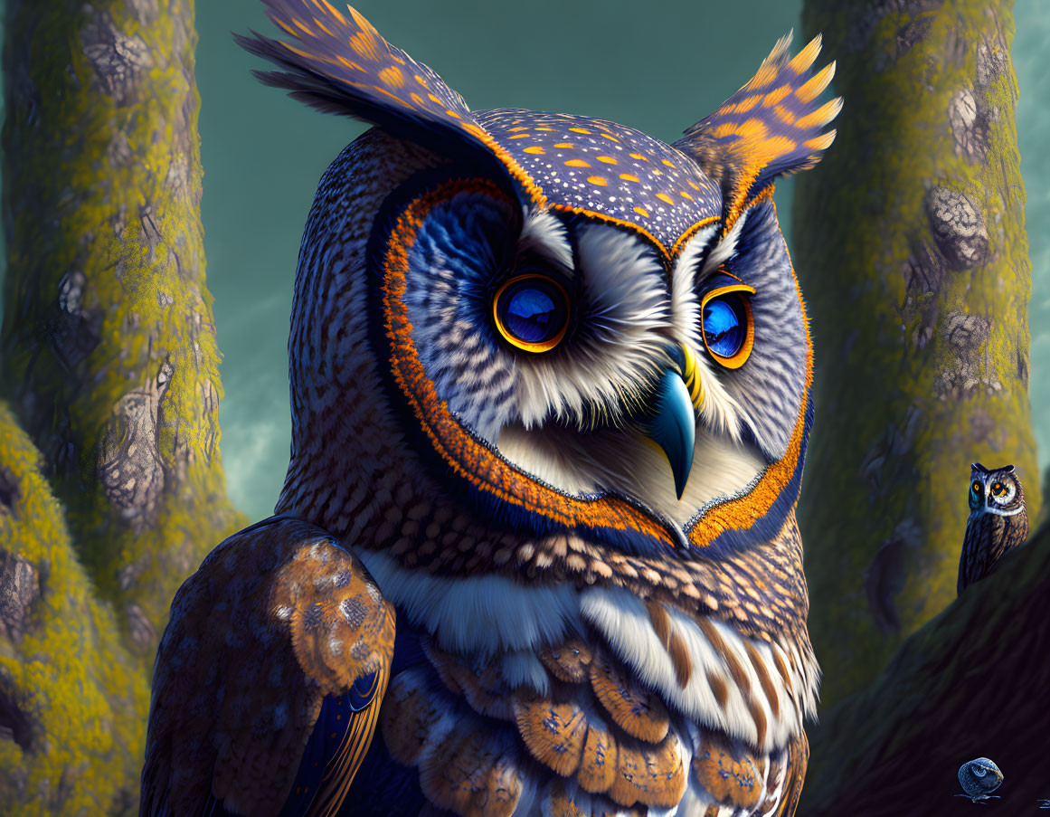 Detailed colorful owl illustration with blue eyes in forest habitat