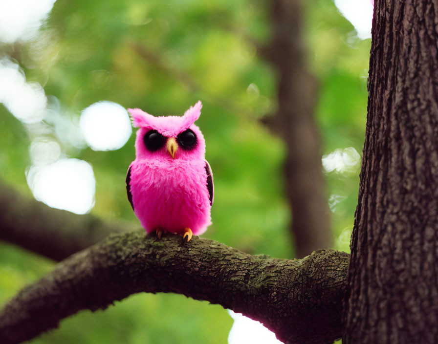 Pink Plush Owl on Tree Branch in Green Forest