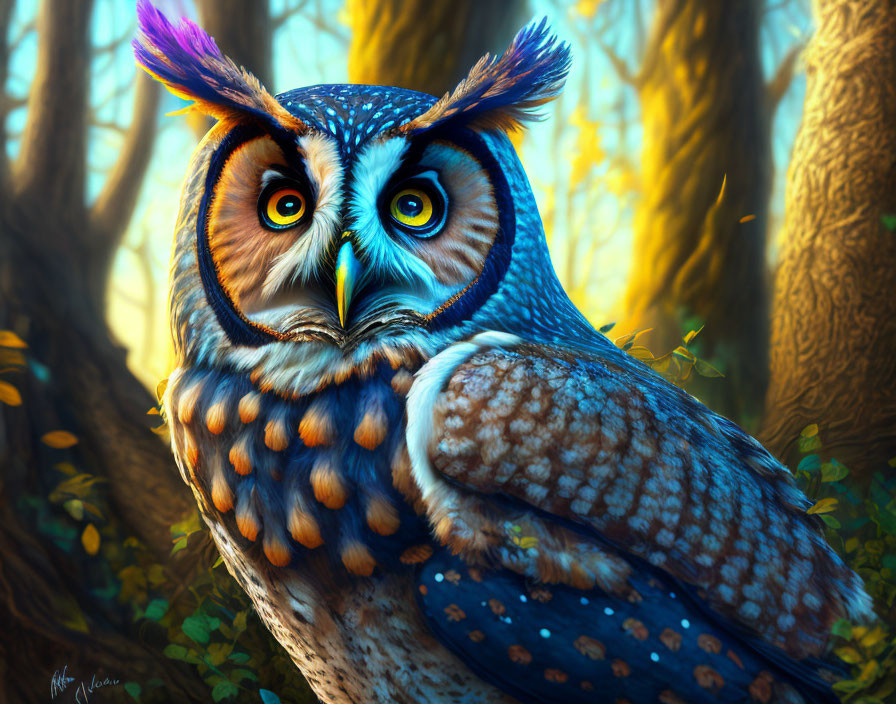 Colorful illustration: Majestic owl with blue and orange plumage in mystical forest