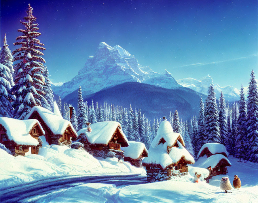 Winter cabins in pine forest with snowy mountains and blue sky