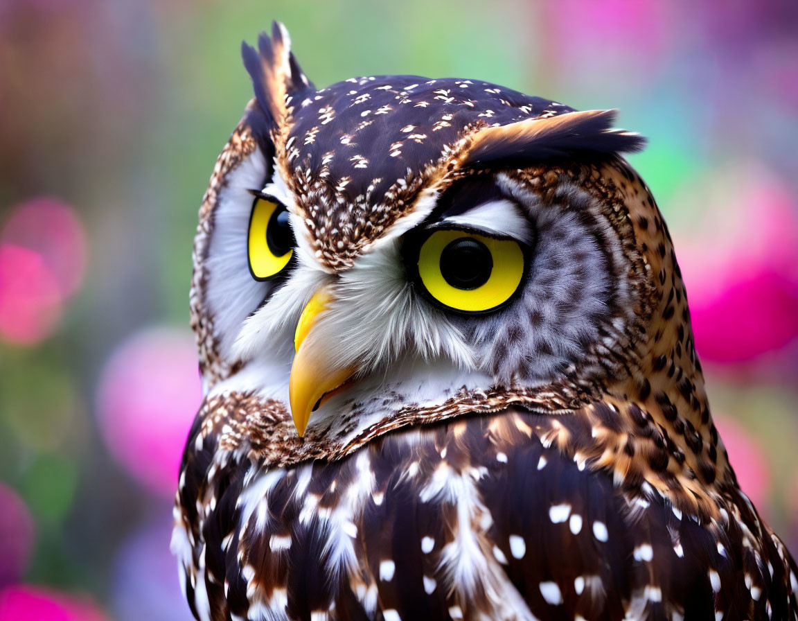 Brown and White Speckled Owl with Yellow Eyes and Sharp Beak on Pink and Purple Background