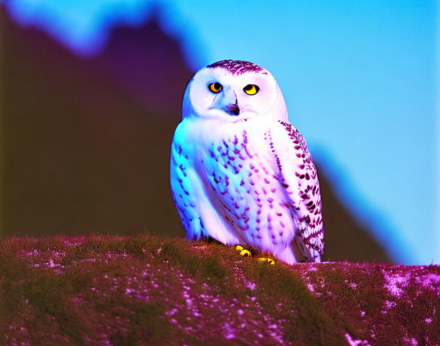 Snowy owl perched on grassy hillock in blue light with twilight mountains