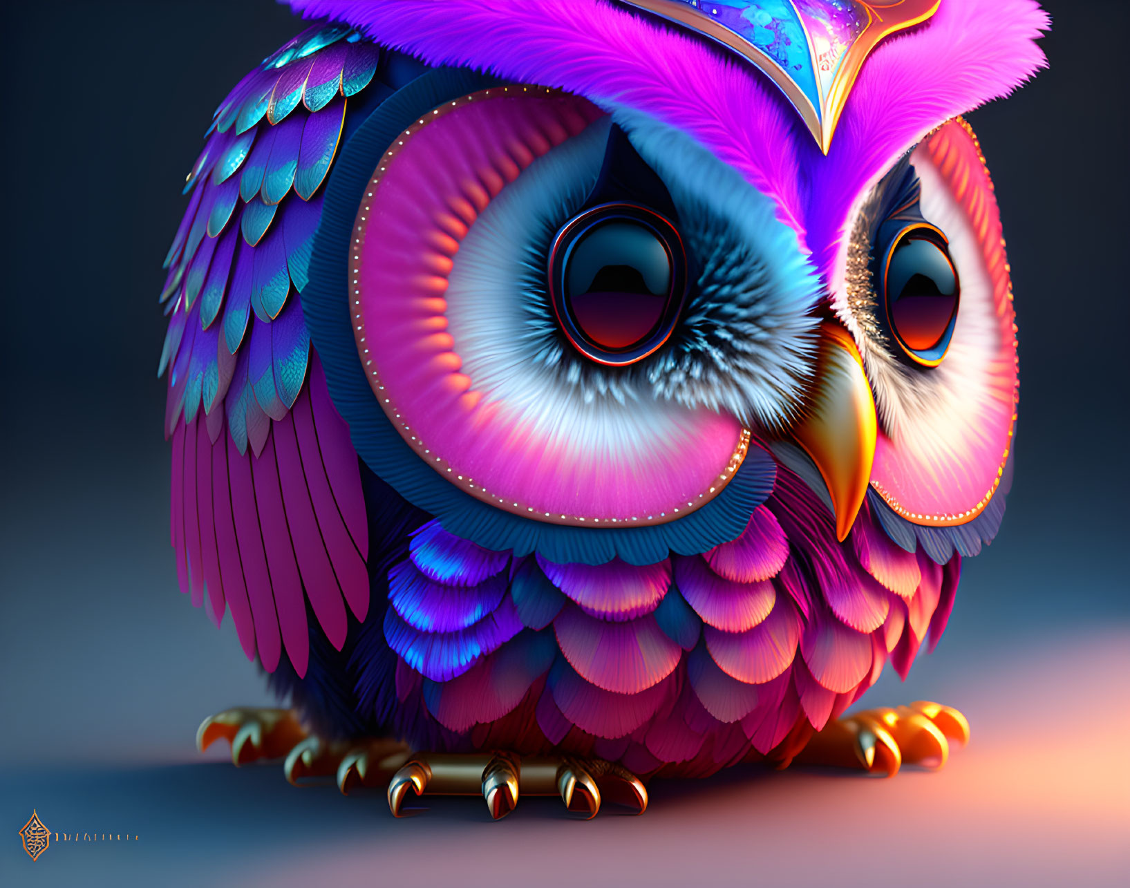 Vibrant cartoon owl with expressive eyes and colorful plumage