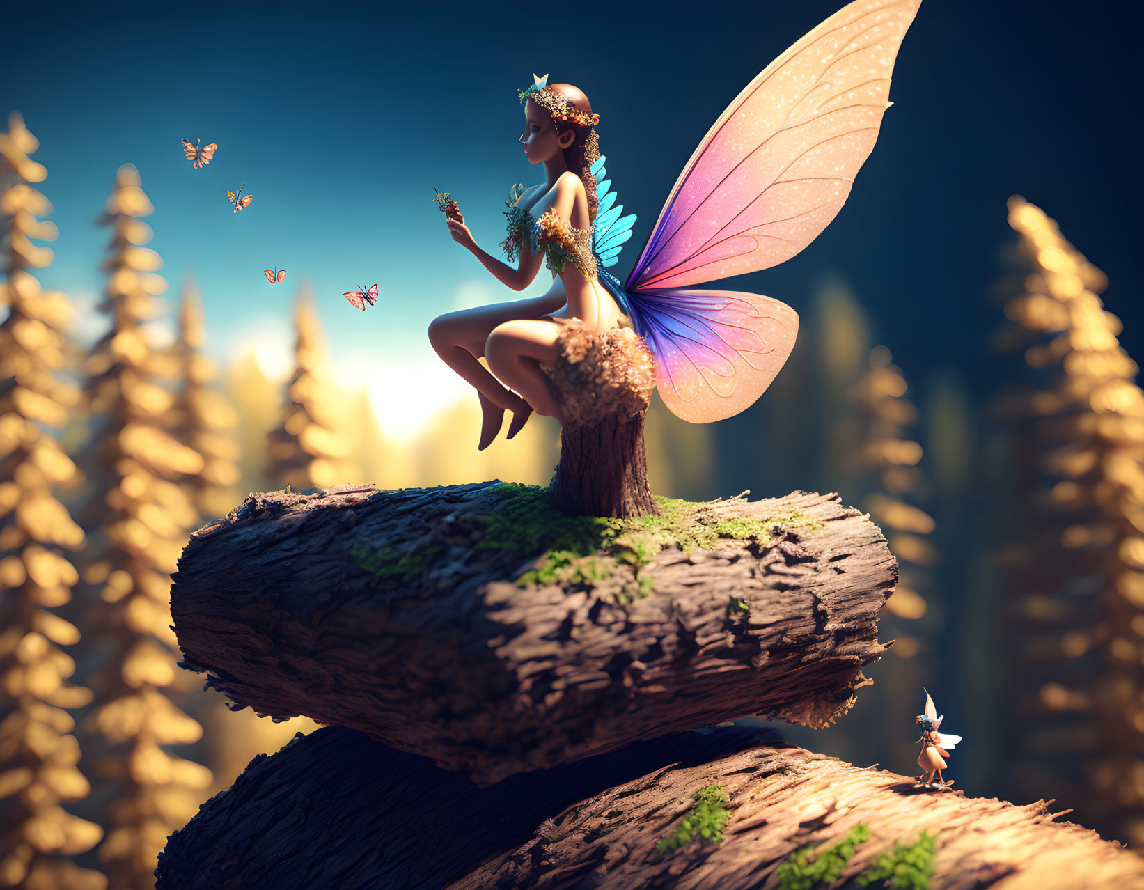 Iridescent winged fairy on stump in enchanted forest