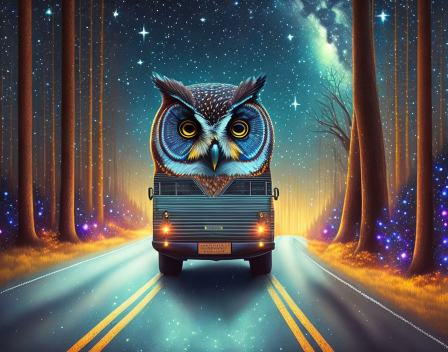 Surreal owl bus driving in forest under starry sky