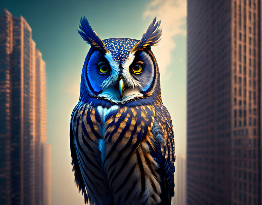 Colorful Owl Perched Against Urban Skyline