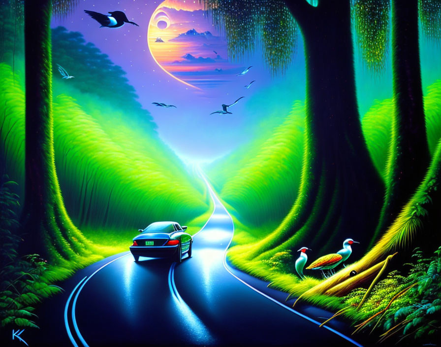 Colorful digital artwork: Car on forest road under twilight sky