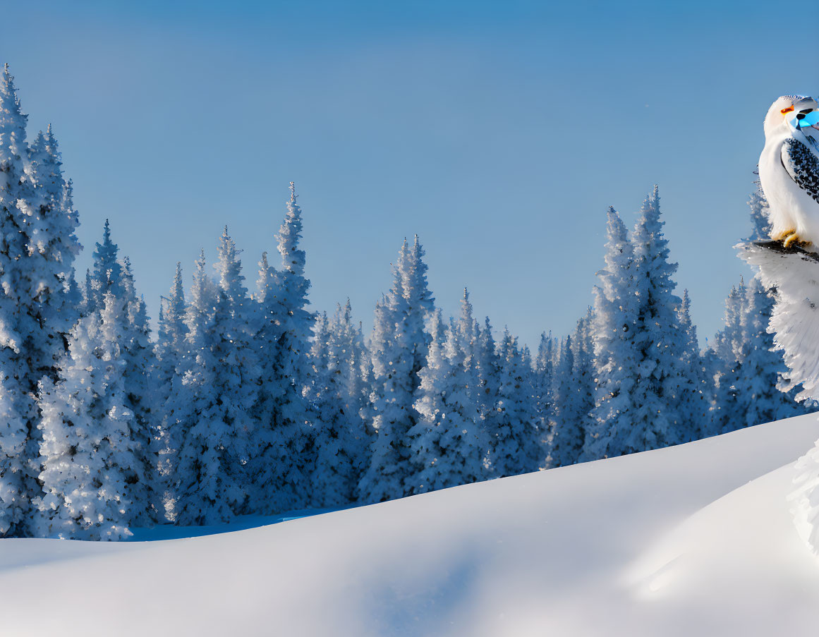 Snowy Landscape with Frosted Pine Trees and Bird in Clear Blue Sky