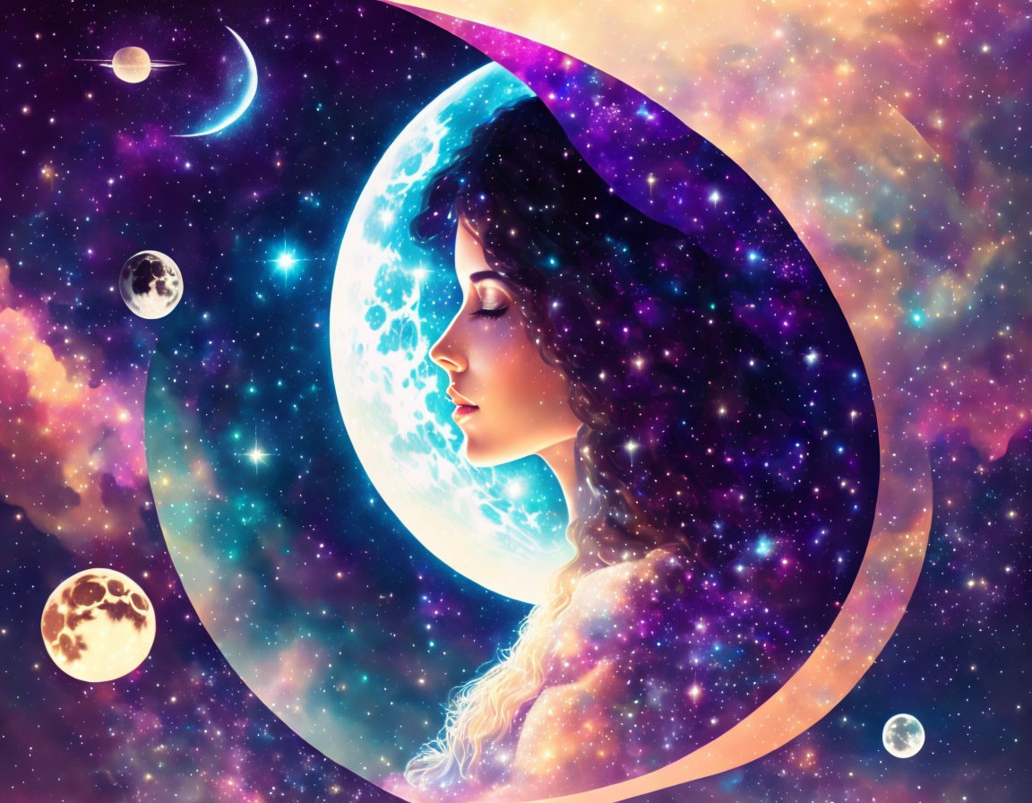 Vibrant digital art: woman's profile merges with cosmic backdrop