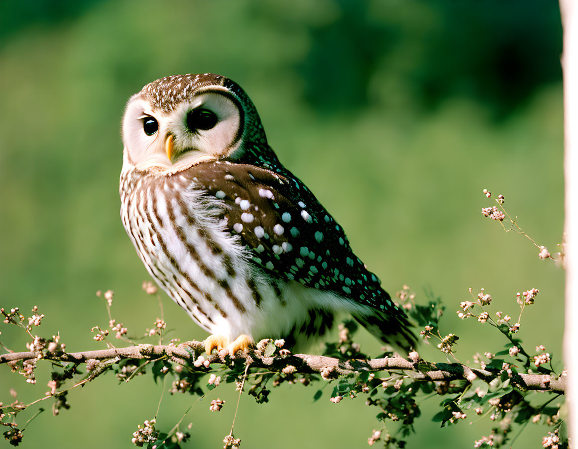 Speckled owl perched on thin branch with flowers and piercing eyes