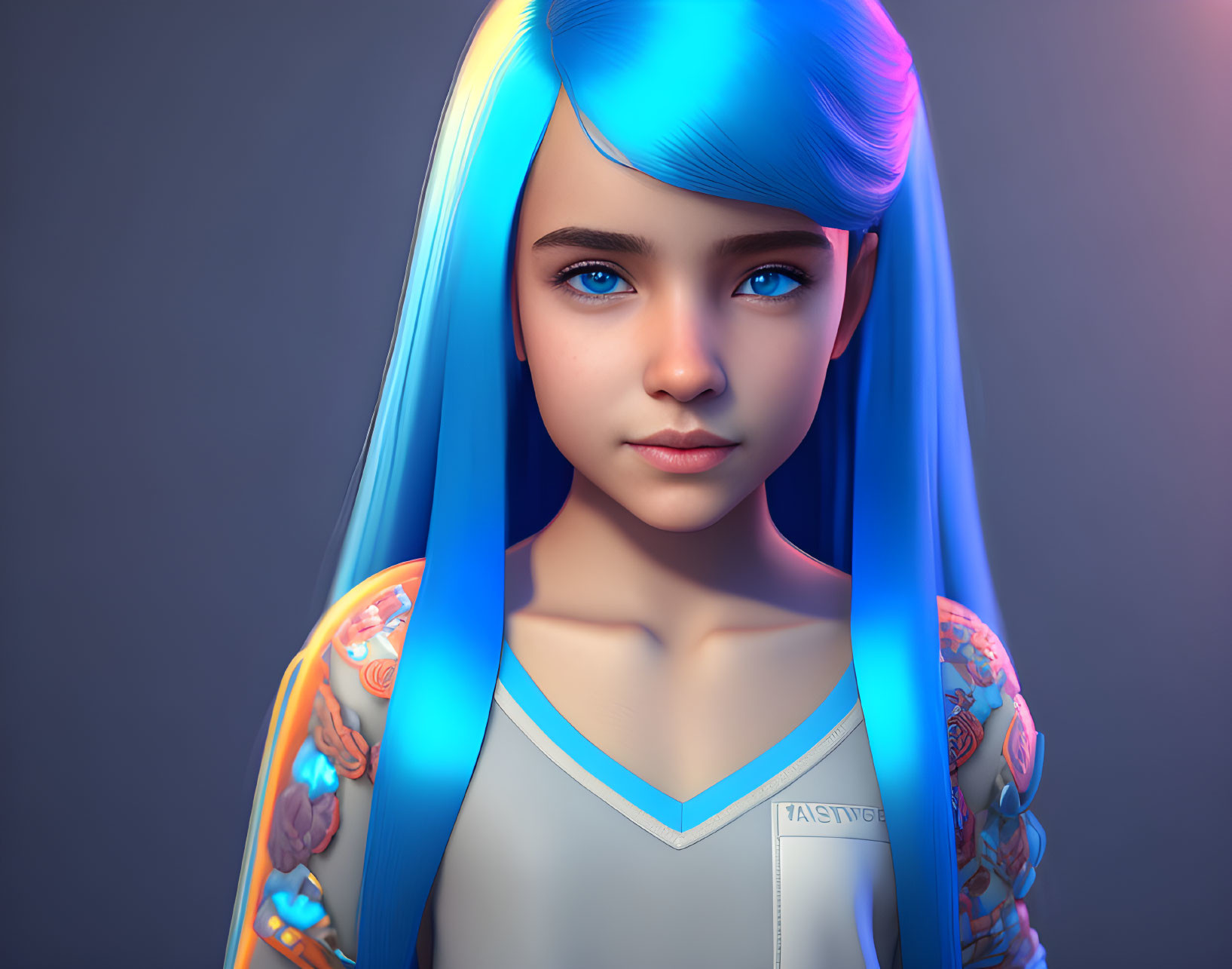 Vibrant digital artwork: girl with blue hair and tattoos