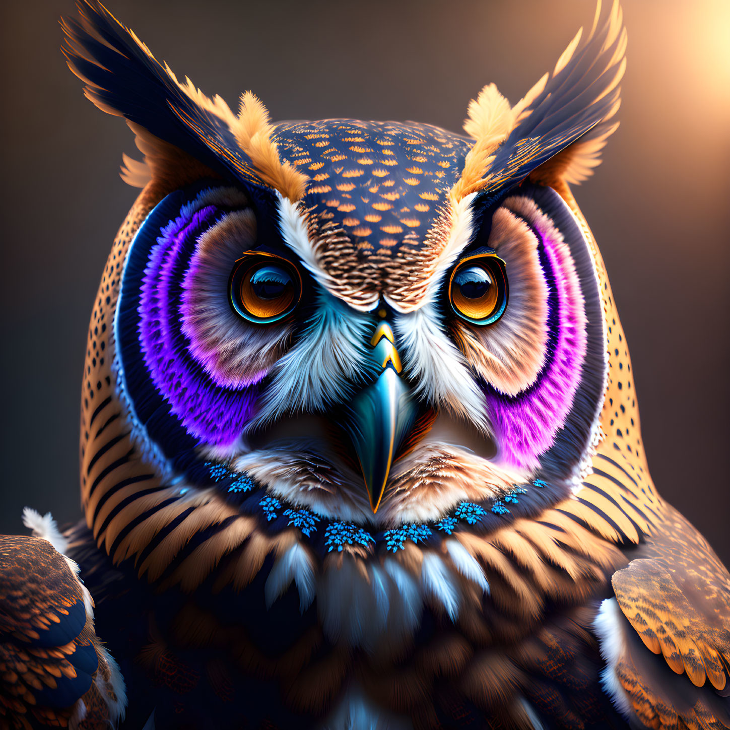 Vibrant owl illustration with intricate patterns in blue, orange, and purple