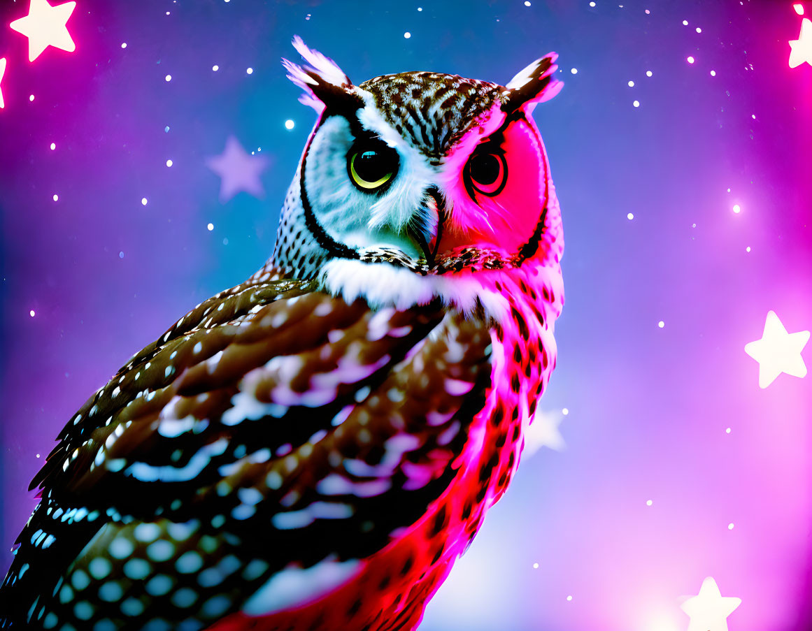 Colorful Owl with Striking Eyes on Starry Background