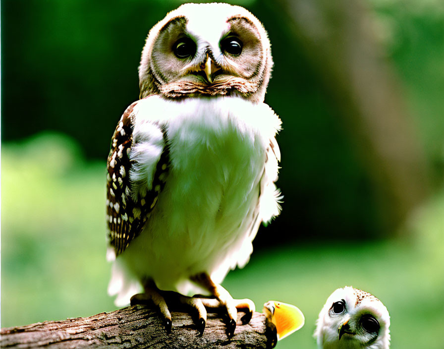 Two owls on branch against blurred green background