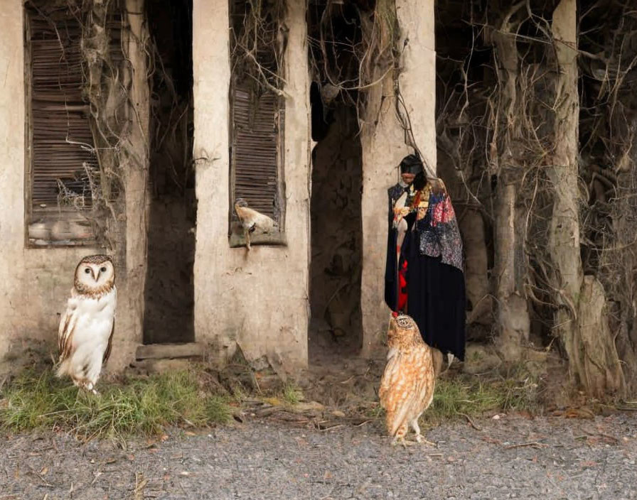 Mysterious figure in cloak with two owls near abandoned structure