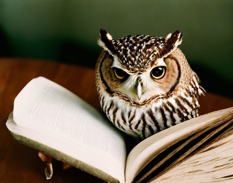 Owl perched on open book with serious expression