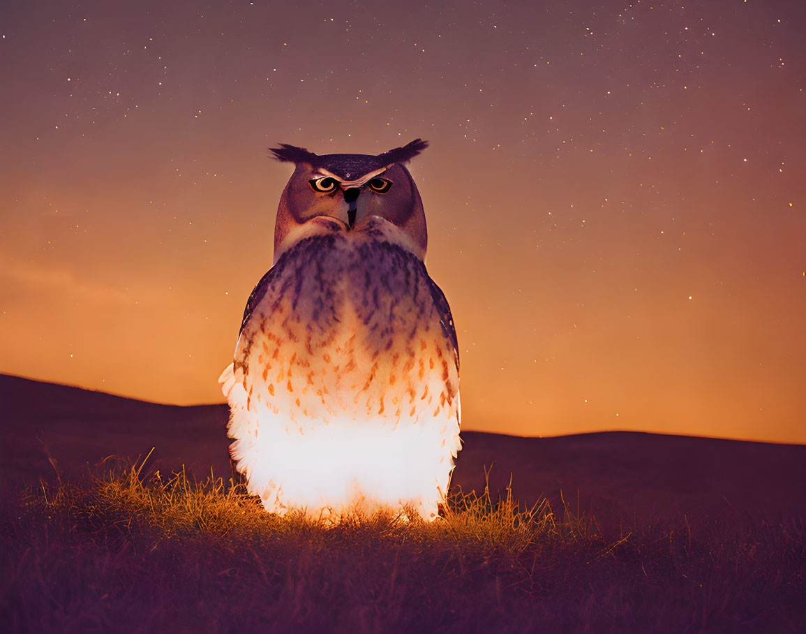 Majestic owl with glowing eyes in starry night sky