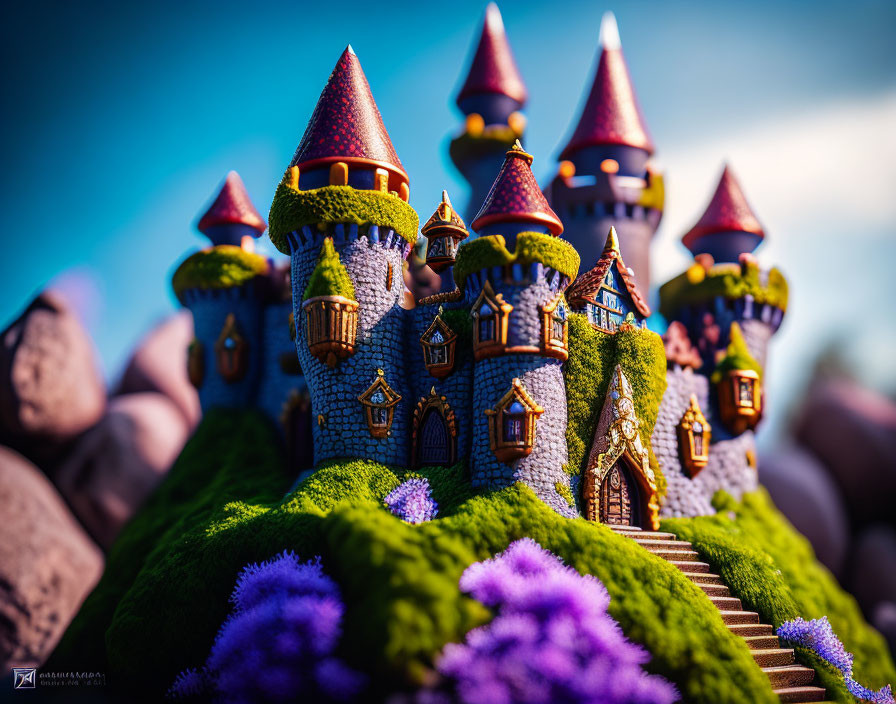 Miniature fairy tale castle on mossy hill with purple roofs and foliage