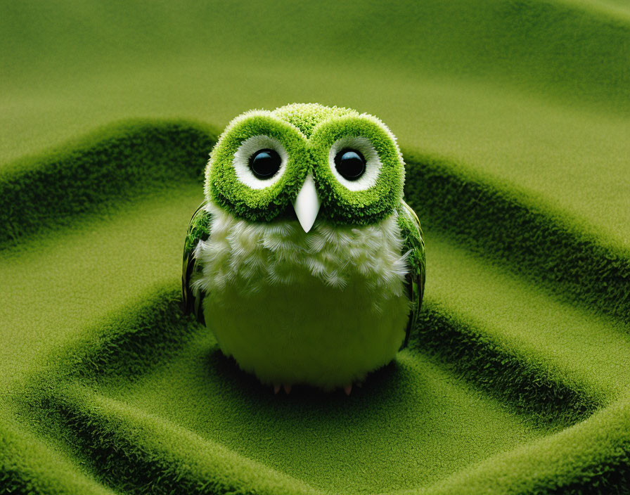 Green owl perched on textured surface