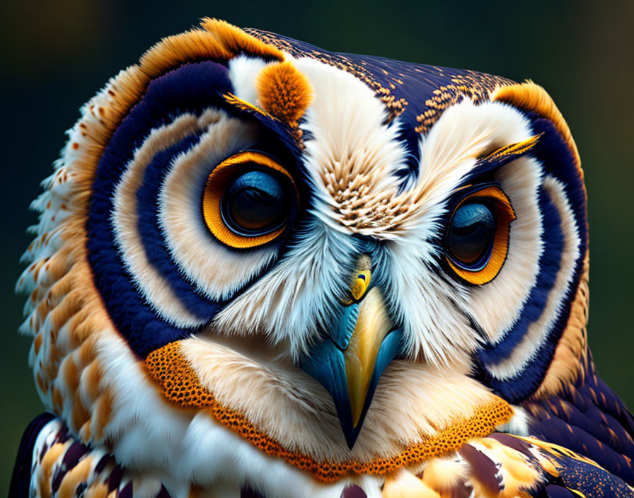 Colorful Owl with Orange and Blue Feathers and Yellow Eyes