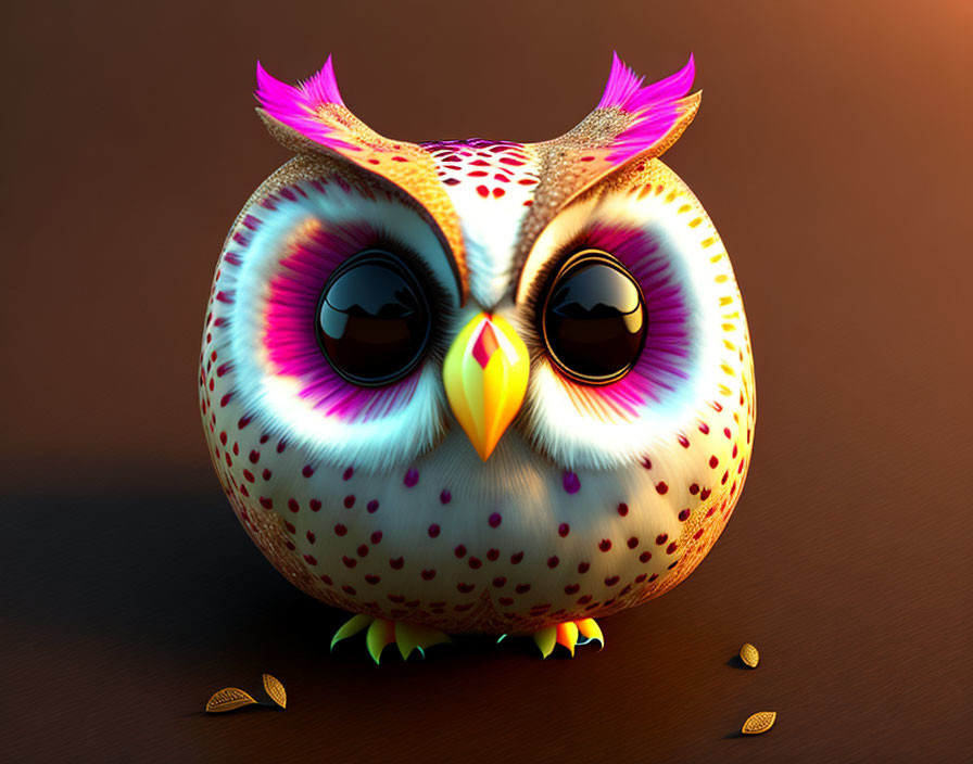 Colorful 3D illustration of a cute owl with pink and yellow feathers and large eyes, surrounded