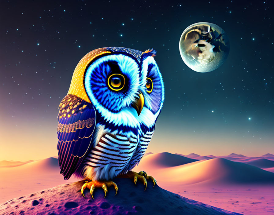 Colorful Owl on Rock in Surreal Desert Landscape