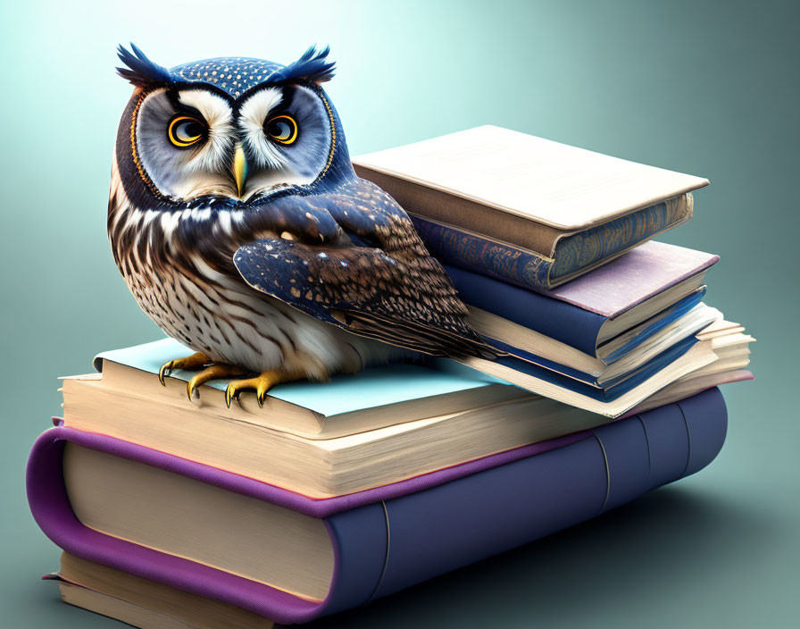 Animated Owl with Striking Blue Eyes on Colorful Books