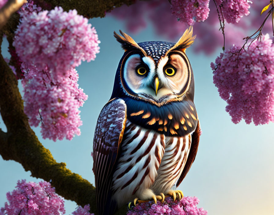 Detailed Owl Perched on Branch Among Pink Cherry Blossoms
