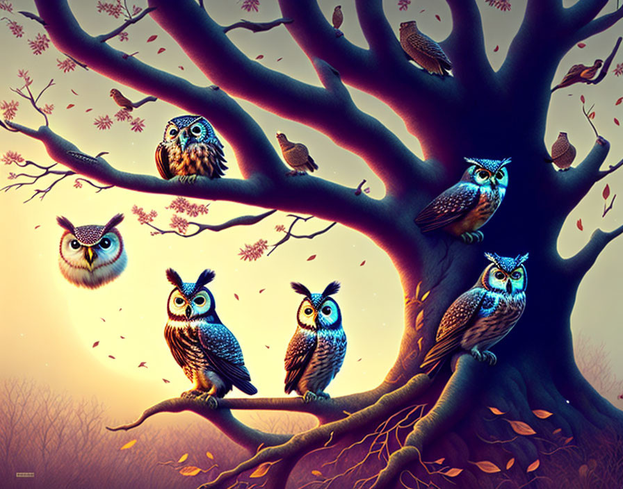 Stylized owl fantasy illustration with autumn tree and twilight sky.