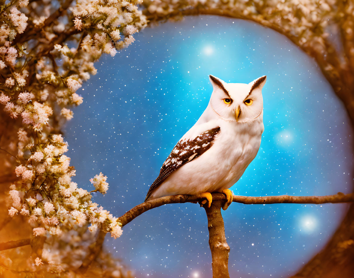 White Owl with Unique Markings Perched Among Blooming Flowers