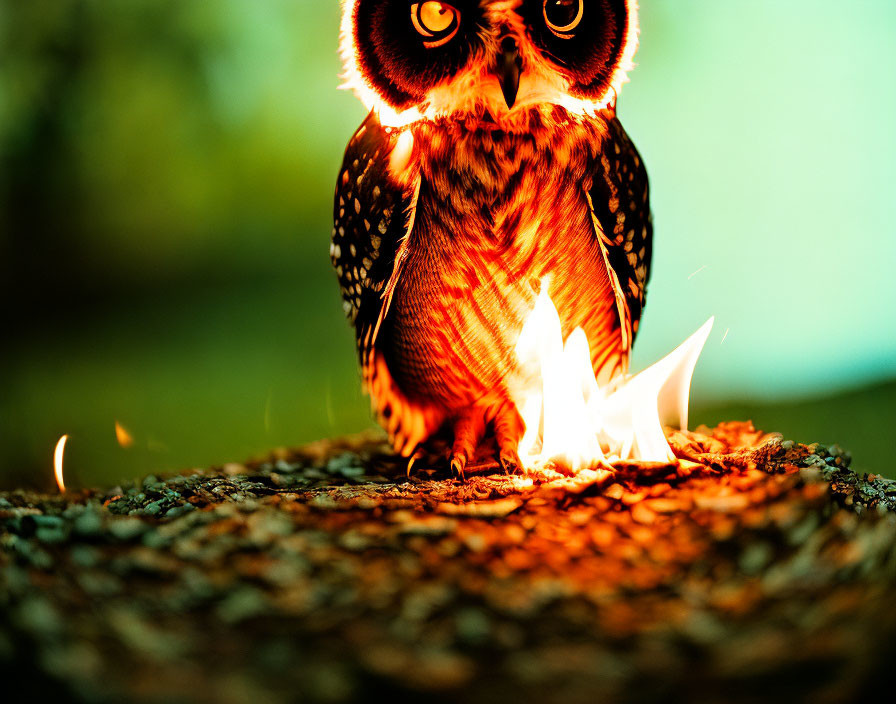 Intense-eyed owl by small flame in warm background