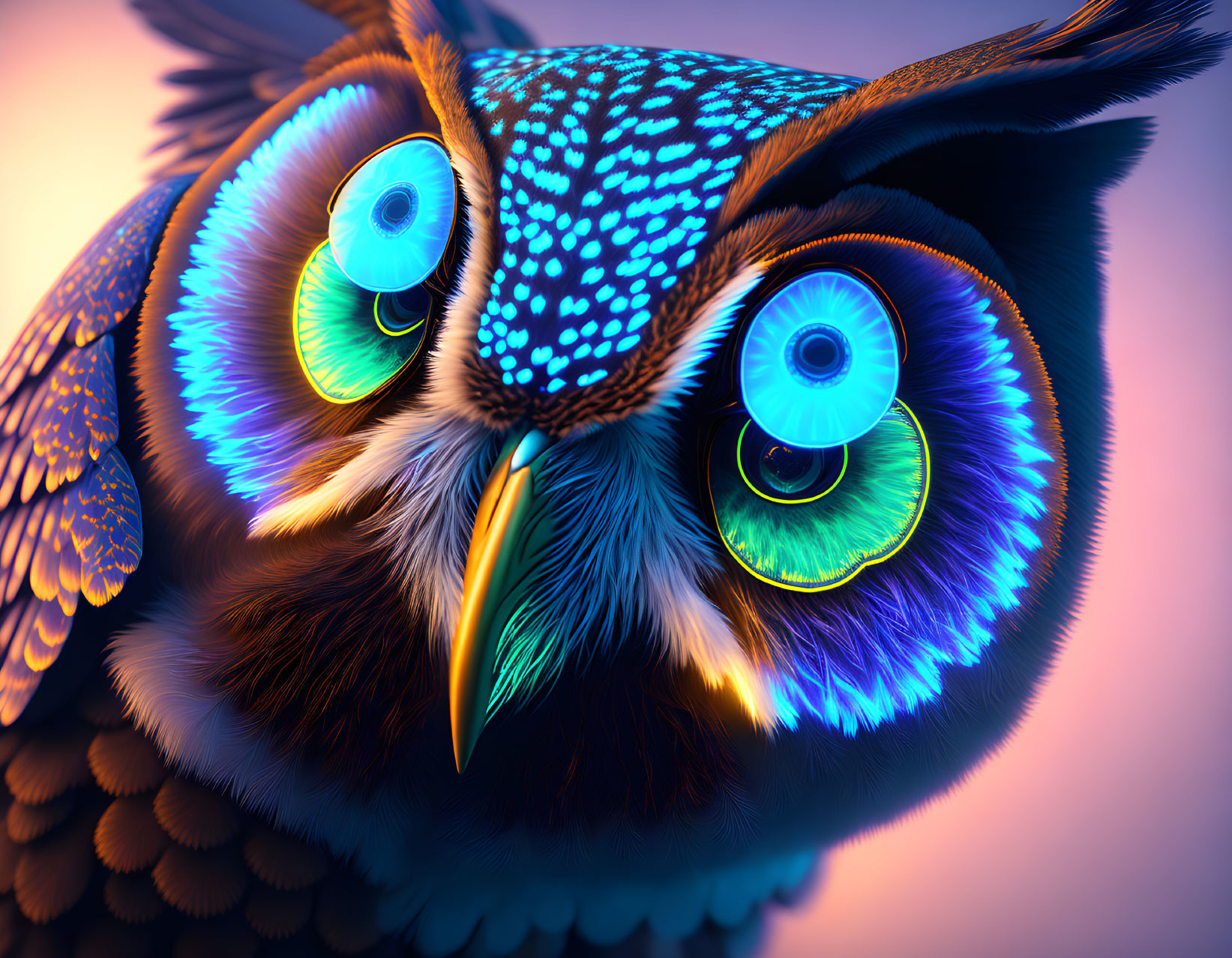 Detailed digital artwork of vibrant owl with neon feathers & mesmerizing eyes