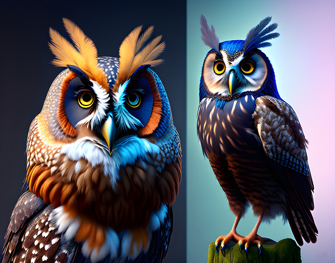 Exaggerated features and expressive eyes on vibrantly colored owls