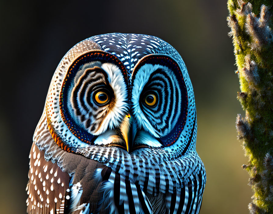 Colorful owl with intricate feathers in close-up view.