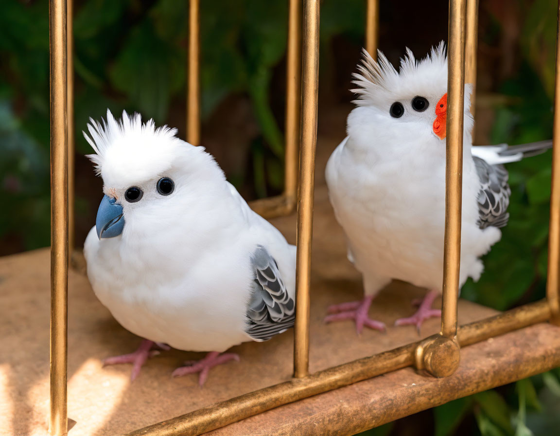 Two White Cockatiels with Crest Feathers in Golden Cage