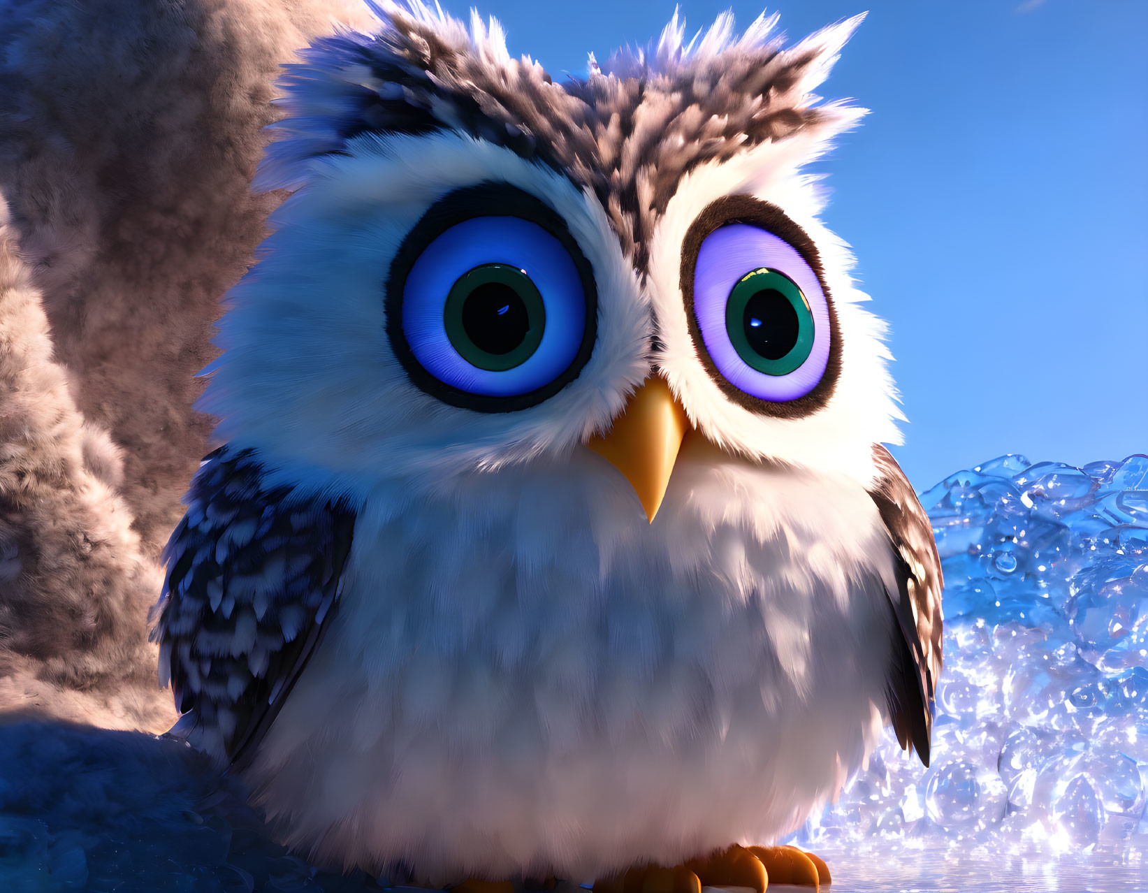 Fluffy white owl with blue eyes near icy water